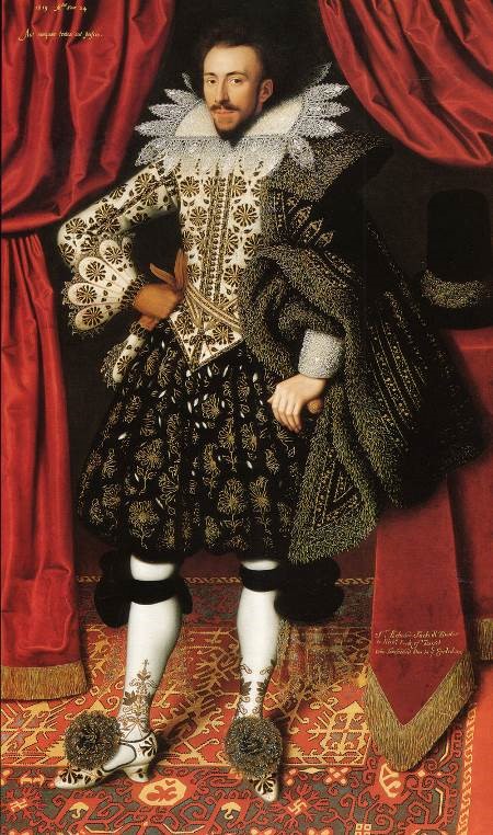 artinsociety's tweet photo. This 17C portrait is of notorious gambler &amp; womaniser Richard Sackville, 3rd Earl of Dorset, but for me the real stars are his magnificent ‘hedgehog’ slippers (William Larkin, 1613) https://t.co/S6rnWWXMg8