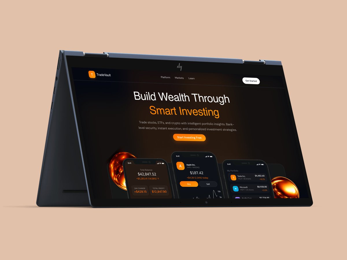 Whareez_'s tweet photo. Designed TradeVault, a trading and investing platform landing page.
Bold headline, live balance preview, buy and sell screen, real portfolio holdings. Built for active traders, not passive investors.
#UIUXDesign #WebDesign #FintechDesign #ProductDesignerLagos https://t.co/xNE4rz3kf0