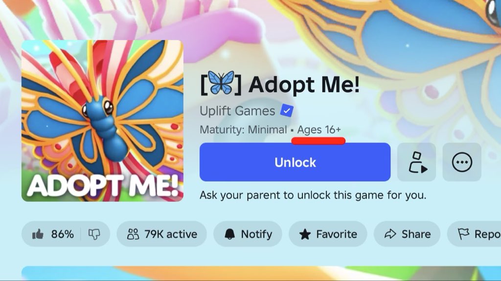 AMNews_Updates's tweet photo. Adopt Me was just AGE RESTRICTED to 16+.

None of your items will be lost and Roblox are already working on a fix! https://t.co/CLyyCuTGLW