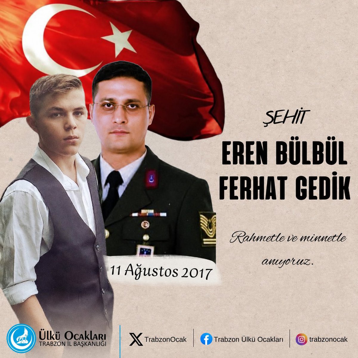 Trabzonulku61's tweet photo. 11 Ağustos 2017’de Trabzon - Maçka kırsalında hain pkk’lı teröristler tarafından şehit edilen Eren Bülbül ve onu korumak için canını ortaya koyan Şehidimiz Jandarma Astsubay Kıdemli Başçavuş Ferhat Gedik’i saygı, rahmet ve minnetle anıyoruz. 🇹🇷 https://t.co/HGgixATx88