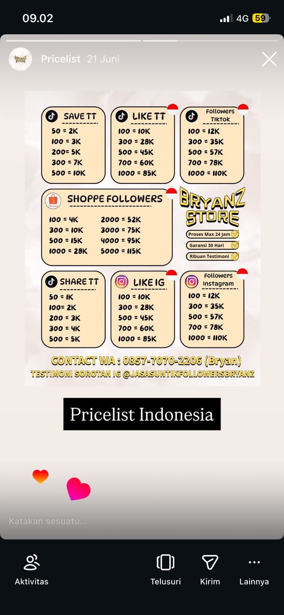 BrianPrized's tweet photo. Haloo guys gw sedia kebutuhan sosmed kalian yang dijamin paling murahh dibanding lainnya🤩📌

- 5000+ testi 
- ⁠garansi 1 bulan

request &amp; order cek profil yaa

#zonauang #ZonaJajanRedA wts wtb followers instagram ig tiktok dana kaget netflix https://t.co/wpLehRGFLN