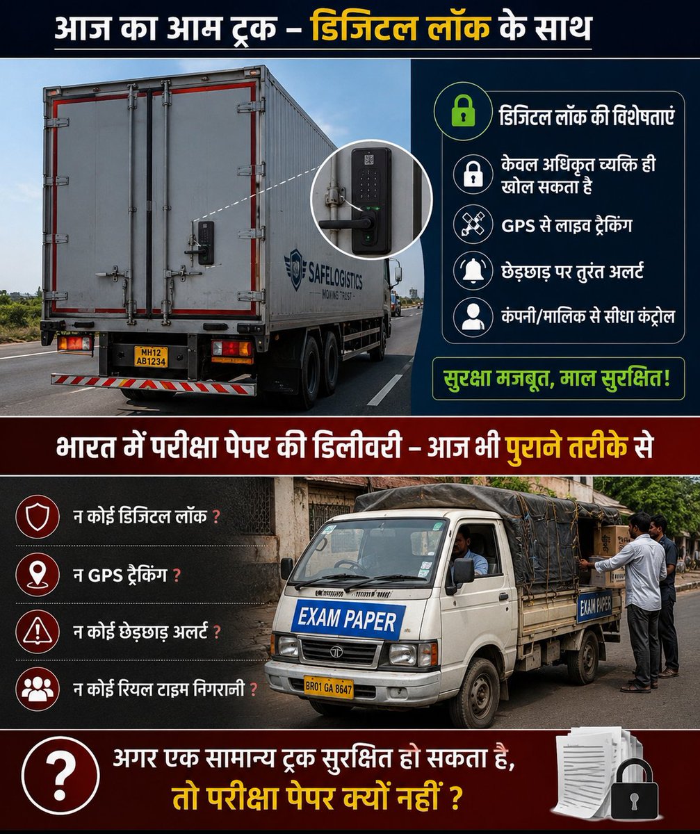 QuestionPowerIN's tweet photo. 🚛 If a normal truck can have a digital lock, GPS tracking and tamper alerts… why can’t exam papers? 🔐

Think about it. 👇

A truck carrying valuable goods can be digitally locked.
📍 Its location can be tracked.
🚨 Tampering can trigger an alert.
🔑 Only authorised people can unlock it.

But when it comes to exam papers — the future of millions of students — why are we still using weaker security systems? 🤔

One paper leak can destroy months or even years of a student’s hard work. 📚💔

Technology already exists.
The question is — why isn’t it being used where it matters the most?

🔐 Digital Lock
📍 GPS Tracking
🚨 Tamper Alert
👤 Authorised Access

If we can secure a truck, we can secure an exam paper.
If we can secure an exam paper, we can protect a student’s future. 🇮🇳

#PaperLeak #ExamSecurity #Students #Education #India