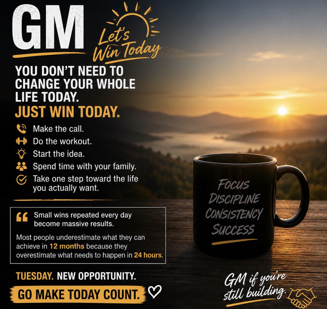 MandoCT's tweet photo. GM ☕️

You don’t need to change your whole life today.

Just win TODAY.

Make the call.
Do the workout.
Start the idea.
Spend time with your family.
Take one step toward the life you actually want.

Small wins repeated every day become massive results.

Most people underestimate what they can achieve in 12 months because they overestimate what needs to happen in 24 hours.

Tuesday. New opportunity.

Go make today count. 💙

GM if you’re still building. 🤝