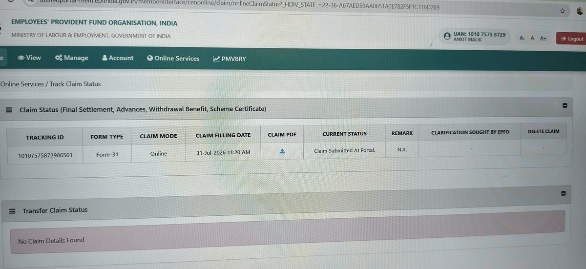 ankitmalik6664's tweet photo. @EpfoKoramangala @officialepfo @LabourMinistry 

Hi EPFO,

Why your Department is too low. My PF is yet not credited in my account Advance PF Apply date 31/7/2026 and now the date is 11/08/2026 but PF Applying status is claim is underpocess. 

MY UAN = 101075758729 https://t.co/ntccIkCu2w