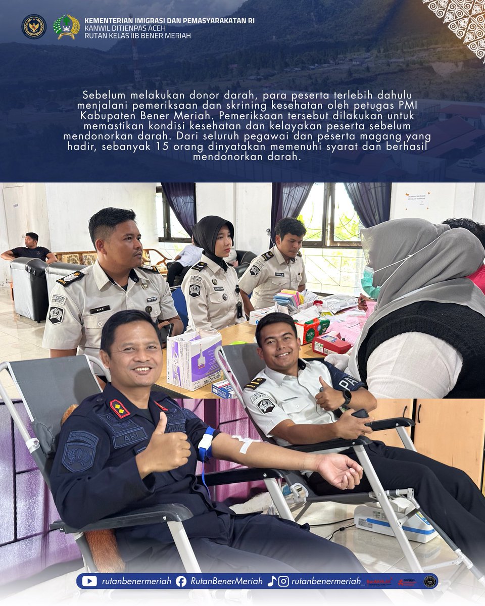 rutanbm's tweet photo. Semarak HUT RI ke-81, Rutan Bener Meriah Gelar Donor Darah di PMI

#kemenimipas 
#ditjenpas 
#pemasyarakatan 
#ditjenpasaceh https://t.co/Qatj9pZrQI