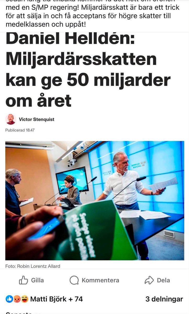 veronicaliedber's tweet photo. Låt er INTE luras! Alla som tjänar över 50.000/mån alt har privat pensionssparande sedan lång tid tillbaka kommer få det hett om öronen med en S/MP regering! Miljardärsskatt är bara ett trick för att sälja in och få acceptans för högre skatter till medelklassen och uppåt!” https://t.co/t1oaw5OJeh