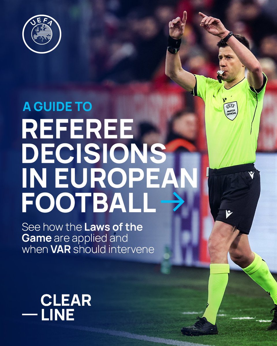 UEFA's tweet photo. ✅ 𝐂𝐥𝐞𝐚𝐫 𝐋𝐢𝐧𝐞: A guide to referee decisions in European football

🎬 Clear Line is UEFA’s refereeing video library, providing unprecedented open access to the guidance we give to referees and VARs to help them apply the Laws of the Game consistently across Europe.

Find out more: https://t.co/6H9QXsL0iz