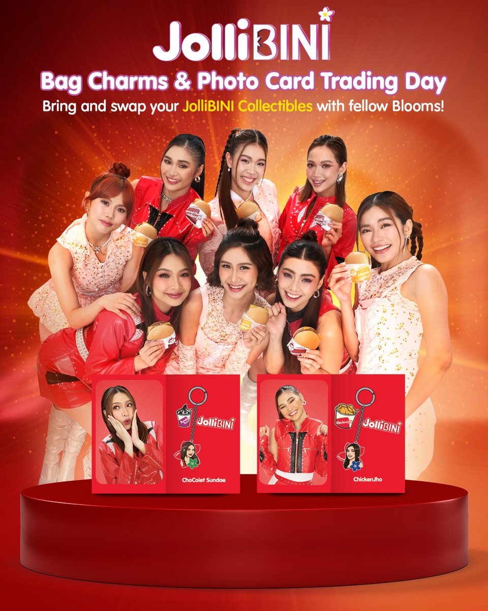 Jollibee's tweet photo. Calling all Blooms! 

Come and join us at the JolliBINI Bag Charms and Photo Cards Trading Day! Bring and swap your JolliBINI Collectibles with fellow Blooms at select 50 Jollibee stores nationwide 🌸

To register, just drop by or call any of these participating Jollibee stores near you!

August 13:
Jollibee Calapan 2 from 2pm-5pm | 0962 808 1932
Jollibee Legazpi Rizal from 4pm-7pm | 0995 084 1401

August 14:
Jollibee Rock Plaza from 4pm-6pm | 0907 370 8463
Jollibee Gil Fernando Sumulong Highway from 2pm-4pm | 0912 872 6347
Jollibee P. Tuazon 13th Ave from 2pm-4pm | 0961 596 9796
Jollibee Ortigas Parklane from 2pm-4pm | 0906 003 4342 or 0927 212 2597
Jollibee Pasig Rotonda from 1pm-3pm | 0917 117 8176 or 8637 0756
Jollibee Unioil Paranaque from 2pm-4pm | 8294 3107 or 0998 961 9134
Jollibee Baguio Upper Session from 2pm-4pm | 0915 115 4552 or 620 8731
Jollibee Vigan from 2pm-4pm | 0917 522 7150 or 0917 522 7170
Jollibee Binalonan from 2pm-4pm | 0919 914 3934
Jollibee Meycauayan from 4pm-6pm | 0908 880 2139
Jollibee Balanga Diversion from 1pm-3pm | 0998 591 5273
Jollibee Muzon from 2pm-4pm | 0998 594 7686
Jollibee Baliuag Junction from 2pm-4pm | 0918 807 7065
Jollibee Calamba Crossing from 5pm-7pm | 0991 628 0407
Jollibee Gen. Trias Highway from 5pm-7pm | 0929 673 4290
Jollibee Lipa Uptown from 8am-11am | 0961 882 3032
Jollibee Lucena Bayan from 5pm-7pm | 0919 913 3945
Jollibee Osmena Boulevard from 2pm-4pm | 0928 756 3642
Jollibee Basak Mactan from 2pm-4pm | 0908 896 4780
Jollibee Cebu Leon Kilat from 2pm-4pm | 0908 638 4756

August 15:
Jollibee Commonwealth Don Ernesto from 2pm-4pm | 0933 855 0386
Jollibee Puerto Princesa DT from 5pm-7pm | 0998 538 5412
Jollibee Lacson from 1pm-3pm | 0947 995 1455
Jollibee Gensan Highway from 9am-12nn | 0933 862 3092
Jollibee Polomolok DT from 9am-12nn | 0916 479 7194
Jollibee Kidapawan Plaza DT from 9am-12nn | 0917 153 3852
Jollibee Davao MTS DT from 9am-12nn | 0915 004 1314
Jollibee Digos DT from 9am-12nn | 0920 720 4130
Jollibee Zambo Camins from 10am-12nn | 0931 159 7765
Jollibee Iligan Sto. Rosario from 1pm-3pm | 0967 218 7623
Jollibee Butuan Highway DT from 1pm-3pm | 0949 921 2322
Jollibee San Francisco Highway DT from 2pm-4pm | 0948 793 0362

August 16:
Jollibee B. Aquino DT from 3pm-5pm | 0949 881 5454
Jollibee Lapaz DT from 4pm-6pm | 0915 986 3014
Jollibee CP Garcia Drive-Thru from 1pm-3pm | 0919 079 3597
Jollibee Dumaguete 2 (North Road) from 2pm-4pm | 0956 557 5137
Jollibee Igpit DT from 10am-12nn | 0936 262 6790

August 17:
Jollibee Sta. Maria Highway from 2pm-5pm | 0933 813 8285

August 18:
Jollibee Parkmall Cebu from 11am-3pm | 0933 678 6902

August 19:
Jollibee Malolos Crossing from 2:30pm-4:30pm | 0922 709 1550
Jollibee Guagua Highway from 2pm-4pm | 0999 509 8512 or 0929 447 2784

August 20:
Jollibee San Pablo Plaza from 3pm-5pm | 0917 801 5536
Jollibee Molino from 5pm-7pm | 0998 974 9149

August 21:
Jollibee EDSA Philtranco from 3pm-5pm | 09317 950 029 or 8292 6913
Jollibee Kumintang from 3pm-5pm | 0918 594 5052

August 22:
Jollibee Legarda from 2pm-4pm | 0908 958 8433
Jollibee Bagong barrio from 12nn-2pm | 0919 007 9627

*Note: There will be no BINI Appearance during the event. First come, first served basis with limited slots only.