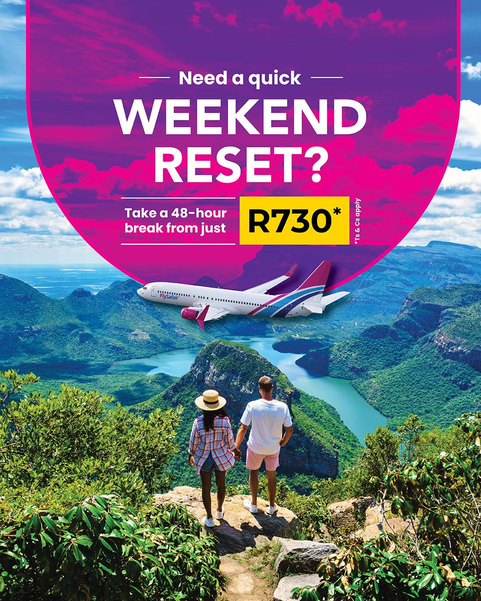 FlySafair's tweet photo. It’s the quick getaways that keep us going. And with the next long weekend only arriving at the end of September, why wait? 🤔

Sometimes all it takes is 48 hours to swap your routine for a weekend reset. No leave days. No overplanning. Just pack light, fly easy and sneak in a quick escape before Monday rolls around. 🥰

From vineyards and mountain hideaways to coastal retreats, your next adventure starts from just R730*. ✈️💳

Visit https://t.co/1vgE7G3XyX to book your next reset 🧘

*T's & C's apply