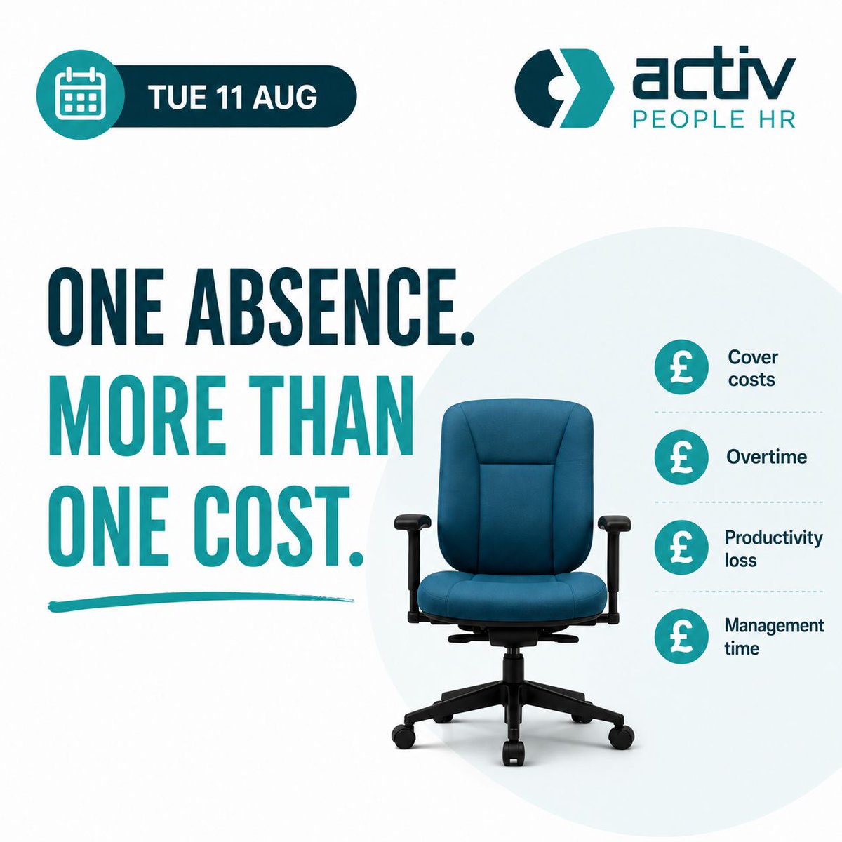 activpeoplehr's tweet photo. 💷 One absence. More than one cost.

👥 Cover costs
💷 Overtime
📉 Lost productivity
⏱️ Management time

The true cost of absence can quickly add up.

Do you know what absence is really costing your organisation?

#AbsenceManagement #ActivPeopleHR #HRTech https://t.co/LiBMWZjRvI