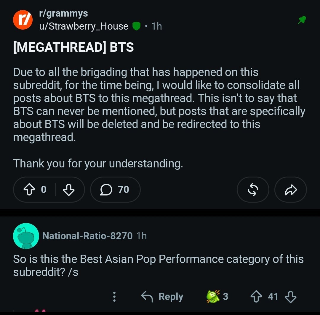urmisope's tweet photo. So something really odd is going on in grammys subreddit. They are removing every post mentioning BTS AND ASIA or anyone calling out RA too btw ?? 

Wtf is wrong wit em?? THEY ARE TRYING TO SILENCE US!!!! ARMYS BE LOUDER cuz wtf !!

(ss not mine) https://t.co/3OAJTnXlR6