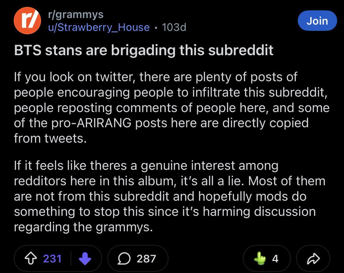 urmisope's tweet photo. So something really odd is going on in grammys subreddit. They are removing every post mentioning BTS AND ASIA or anyone calling out RA too btw ?? 

Wtf is wrong wit em?? THEY ARE TRYING TO SILENCE US!!!! ARMYS BE LOUDER cuz wtf !!

(ss not mine) https://t.co/3OAJTnXlR6