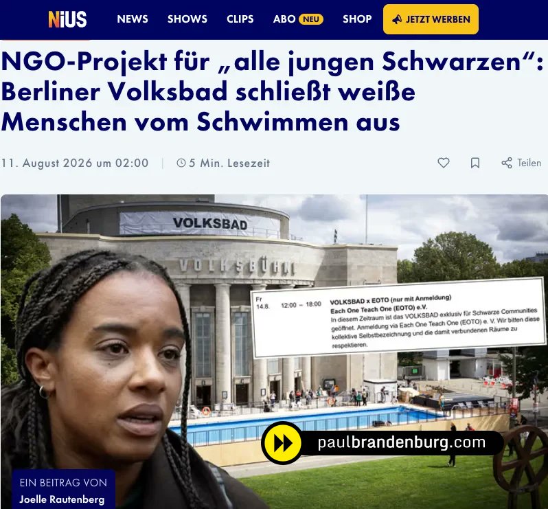 docbrandenburg's tweet photo. Baden nur für Neger: Berliner Volksbühne bringt Rassentrennung zurück

Nein, kein Scherz: Wokoharam hat volle 180-Baerbockgrad hingelegt und ist wieder bei der Rassentrennung angekommen. War absehbar: Beim Juden kaufen darf man ja auch schon nicht mehr ;)

Die letzten Tage der Bundesrepublik sind wahrlich grosses Kino.
