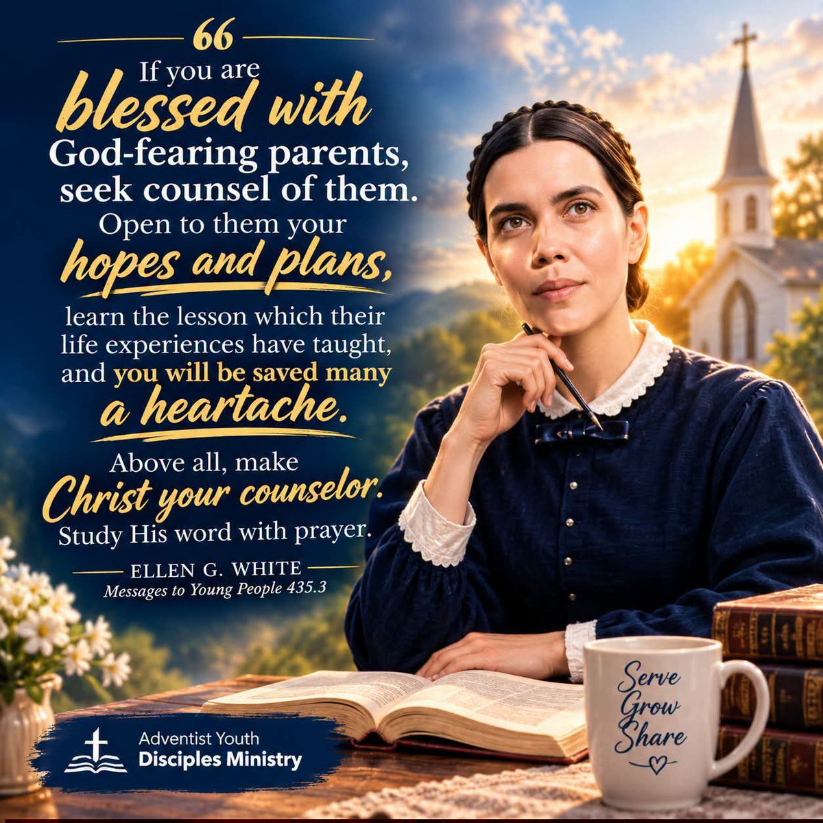 Godwakeupcall's tweet photo. #EGWQUOTE | If you are blessed with God-fearing parents, seek counsel of them. Open to them your hopes and plans, learn the lesson which their life experiences have taught, and you will be saved many a heartache. Above all, make Christ your counselor. Study His word with prayer. https://t.co/0WvS7JXfzR