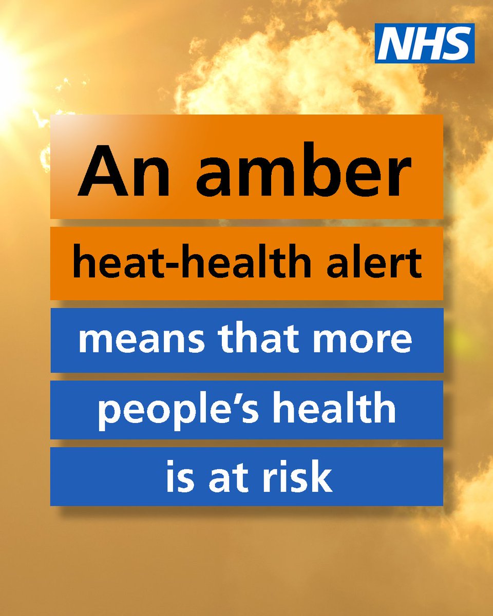 NHSuk's tweet photo. An amber heat-health alert is in place across parts of England from 11-14 August.

Hot weather can put more people at risk, particularly older people, young children and those with existing health conditions.

Take extra care and look out for others.

➡️ https://t.co/kI4xLn0NIK https://t.co/iOk8ShJYes