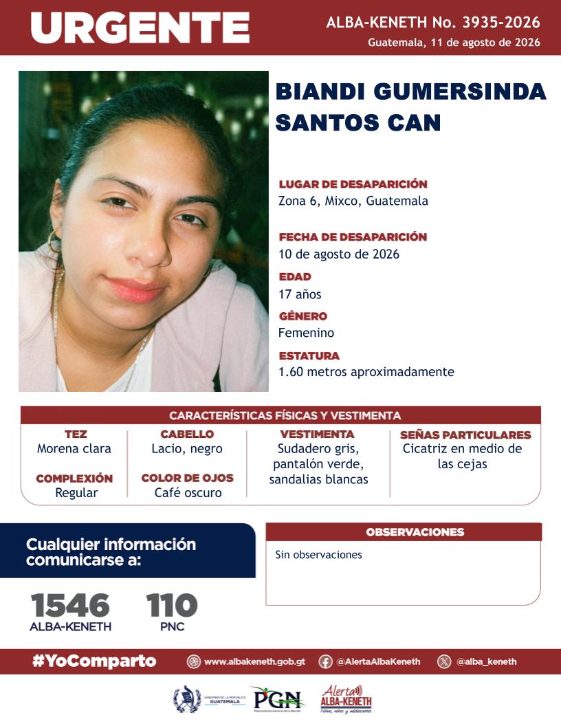 alba_keneth's tweet photo. #AlertaAlbaKeneth⚠️| Biandi Gumersinda Santos Can de 17 años de edad. Desapareció el 10 de agosto de 2026, en Zona 6, Mixco, Guatemala.

🔁Comparte y ayúdanos con su localización.
📞Si tienes información llama al 1546. #YoComparto https://t.co/CVdWpCyhvw