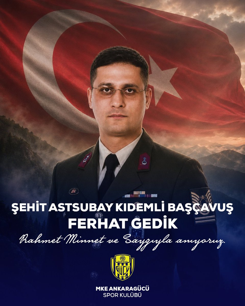 Ankaragucu's tweet photo. “İyi ki varsın Eren…”

Vatan sevgisi, cesareti ve tertemiz yüreğiyle milletimizin hafızasında unutulmaz bir iz bırakan Şehit Eren Bülbül’ü ve onu korumak uğruna kendi canını siper eden kahraman Şehit Astsubay Kıdemli Başçavuş Ferhat Gedik’i, şehadetlerinin yıl dönümünde rahmet, minnet ve dualarla yâd ediyoruz.

Eren’in cesareti, Ferhat Gedik’in kahramanlığı ve fedakârlığı bu milletin gönlünde daima yaşayacak, hatıraları nesilden nesile aktarılacaktır.

Başta Eren Bülbül ve Ferhat Gedik olmak üzere, vatanımız uğruna canlarını feda eden tüm aziz şehitlerimizi rahmet ve minnetle anıyoruz.

İyi ki varsın Eren.
Kahramanlarımızı unutmadık, unutmayacağız. 🇹🇷
MKE Ankaragücü Spor Kulübü