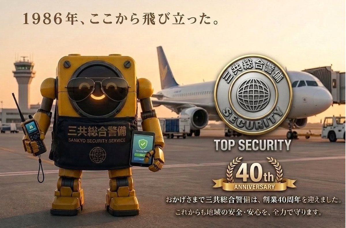 sankyo_security's tweet photo. 1986年。
ドラゴンクエストが発売され、
ラピュタが飛んで、
トップガンが公開され、
三共総合警備が創業。

2026年、全てが40周年。

#で https://t.co/Uor43SRFNV