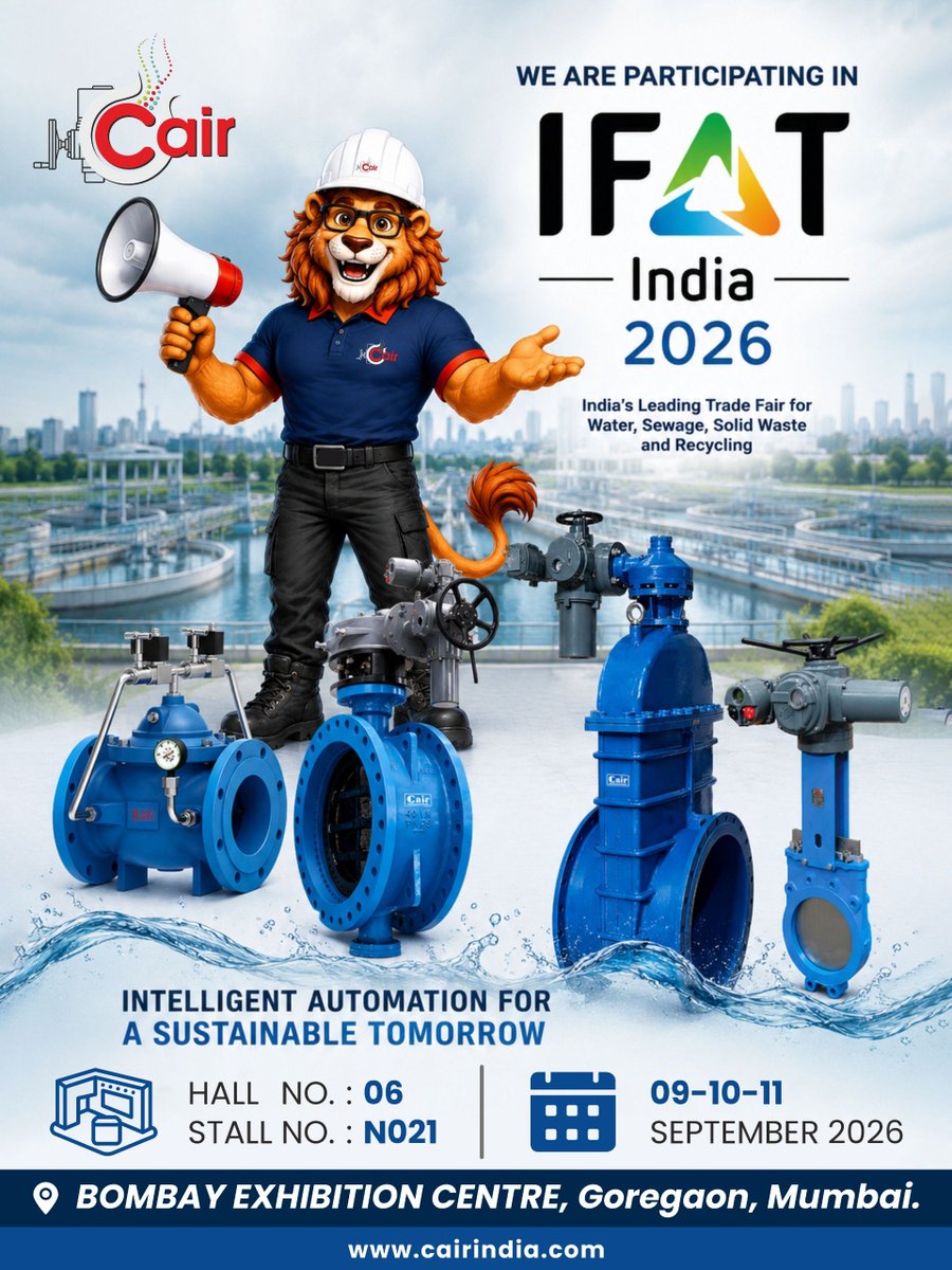 cairautomation's tweet photo. 🚀 Cair Euromatic is participating in IFAT India 2026!

Join us at Hall No. 06 | Stall No. N021 and explore our solutions for intelligent automation in water and wastewater applications.

📅 9–11 September 2026
📍 Bombay Exhibition Centre, Goregaon, Mumbai

#ifatindia2026 https://t.co/o20xwyiYyQ