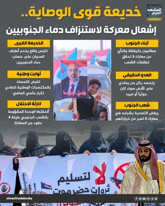 infoalmashhad2's tweet photo. خديعة قوى الوصاية.. إشعال معركة لاستنزاف دماء الجنوبيين (إنفوجراف)

#العصيان_المدني_السلمي_الجنوبي
#عيدروس_في_قلب_الجنوبيين
#التصعيد_الشعبي_الجنوبي 
#المشهد_العربي https://t.co/lOO3cMGj5V