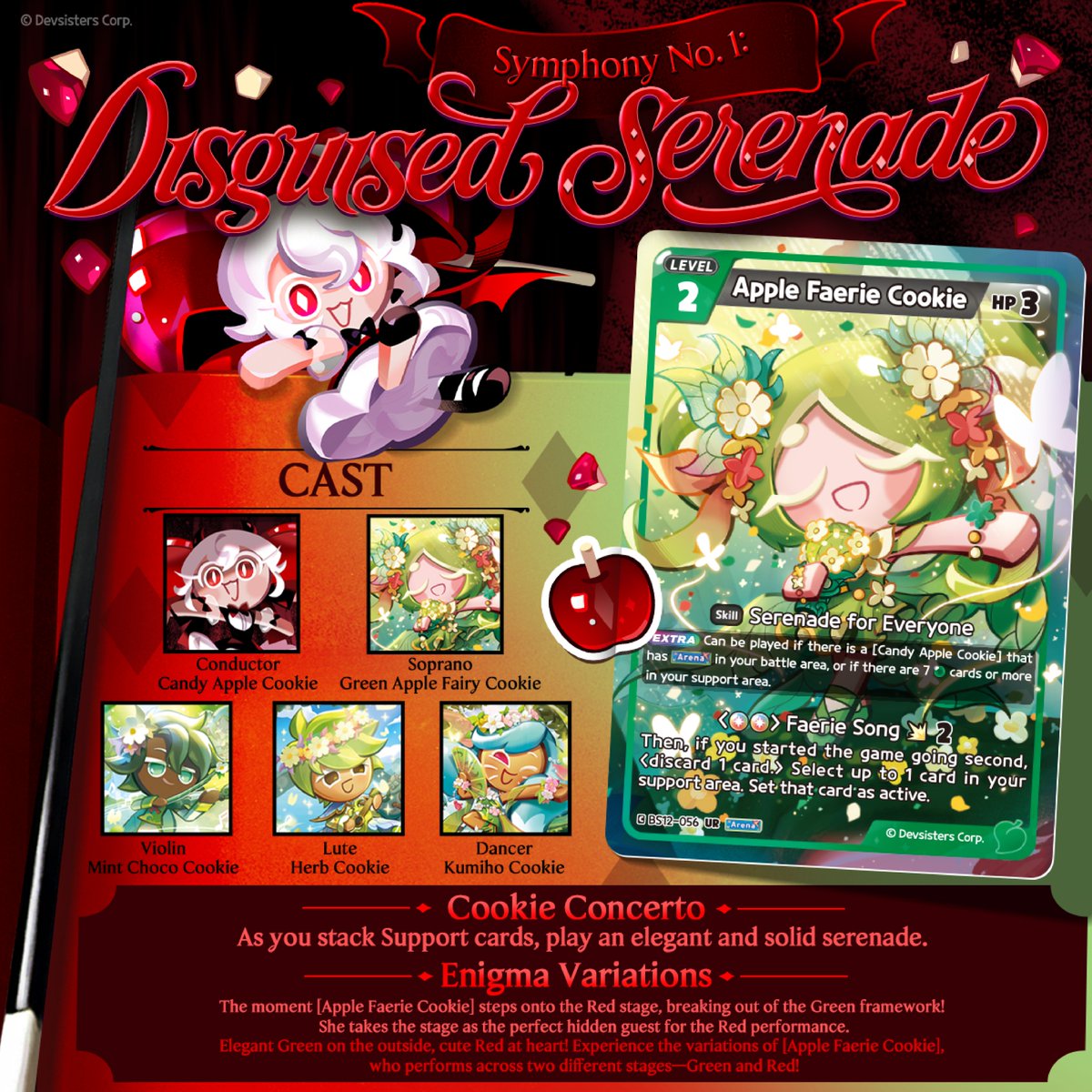 CRBraverseAsia's tweet photo. 🎼 Symphony No. 1: Disguised Serenade 🎻

Today, we’ve prepared an elegant and sweet symphony for you. 🎶

🎼 Soprano #AppleFaerieCookie
🎻 Violin #MintChocoCookie
🎹 Lute #HerbCookie
💃 Dancer #KumihoCookie

You’re invited to the elegant and delightful Festival Arena! 💝

CookieRun: Braverse TCG Booster 12 [Festival Arena]
📅 Officially launching on October 2, 2026!

(🎵Get an early look at official stores starting September 25!)

#CookieRun #CookieRunBraverse #TCG #CreamFerretCookie #CocoaCookie #GreenbellCookie #CloverCookie #ChamomileCookie