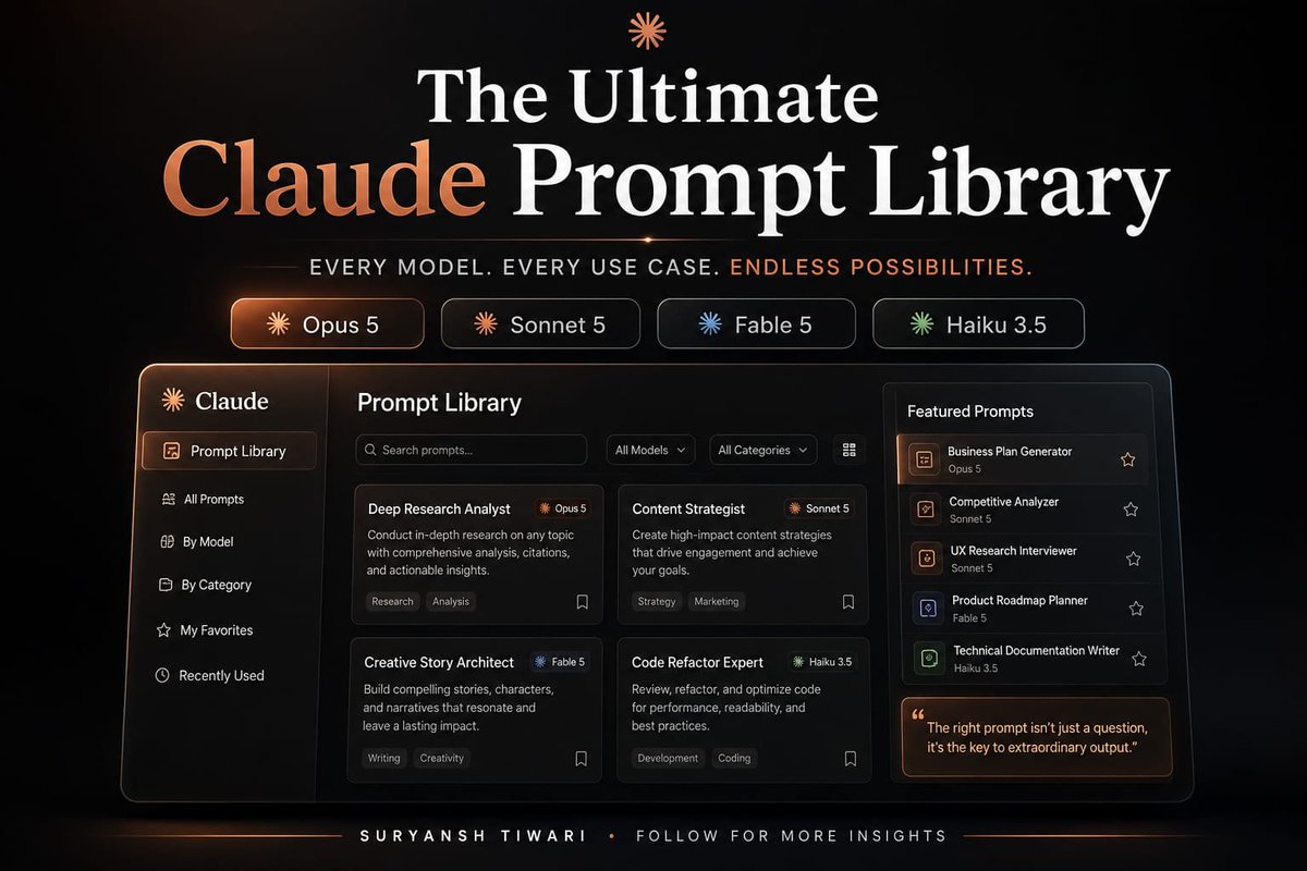 PrakashS720's tweet photo. Most people use Claude.

Very few actually know how to get the most out of it.

That's why I put together this Claude Prompt Library with prompts for different models and real-world use cases.

It covers Opus 5, Sonnet 5, Fable 5 & Haiku 3.5, with prompts for research, coding, content, strategy, business, UX, creativity, and more.

Instead of starting from a blank chat every time, you can start with a prompt designed for the job.

I'm sharing it with the first 4500 people only.

Once the limit is reached, I'll stop sending it.

How to get

Follow me (so I can DM you)
Like + RT
Comment "CLAUDE"

I'll DM it while the giveaway is still open.