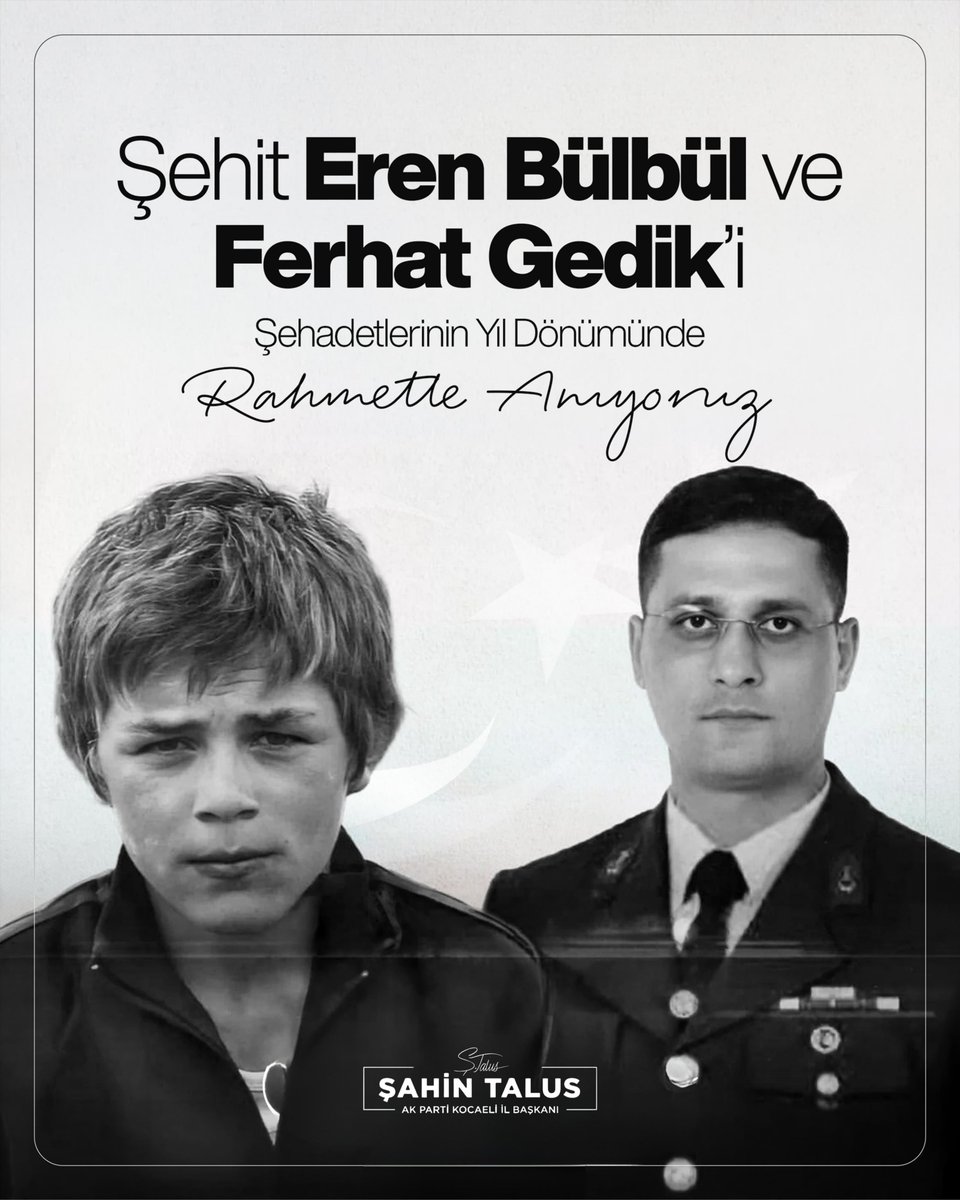 SahinTalus's tweet photo. İyi ki varsın Eren…

Vatan sevgisini küçücük yüreğine sığdıran Eren Bülbül’ü ve onu korumak uğruna kendini siper ederek şehadete yürüyen kahramanımız Jandarma Astsubay Kıdemli Başçavuş Ferhat Gedik’i şehadetlerinin yıl dönümünde rahmet, minnet ve dualarla yâd ediyorum.

Bu millet; Eren’in cesaretini, Ferhat Gedik’in fedakârlığını ve vatan uğruna toprağa düşen hiçbir evladını unutmayacak.

Ruhları şad, makamları âli olsun. 🇹🇷
