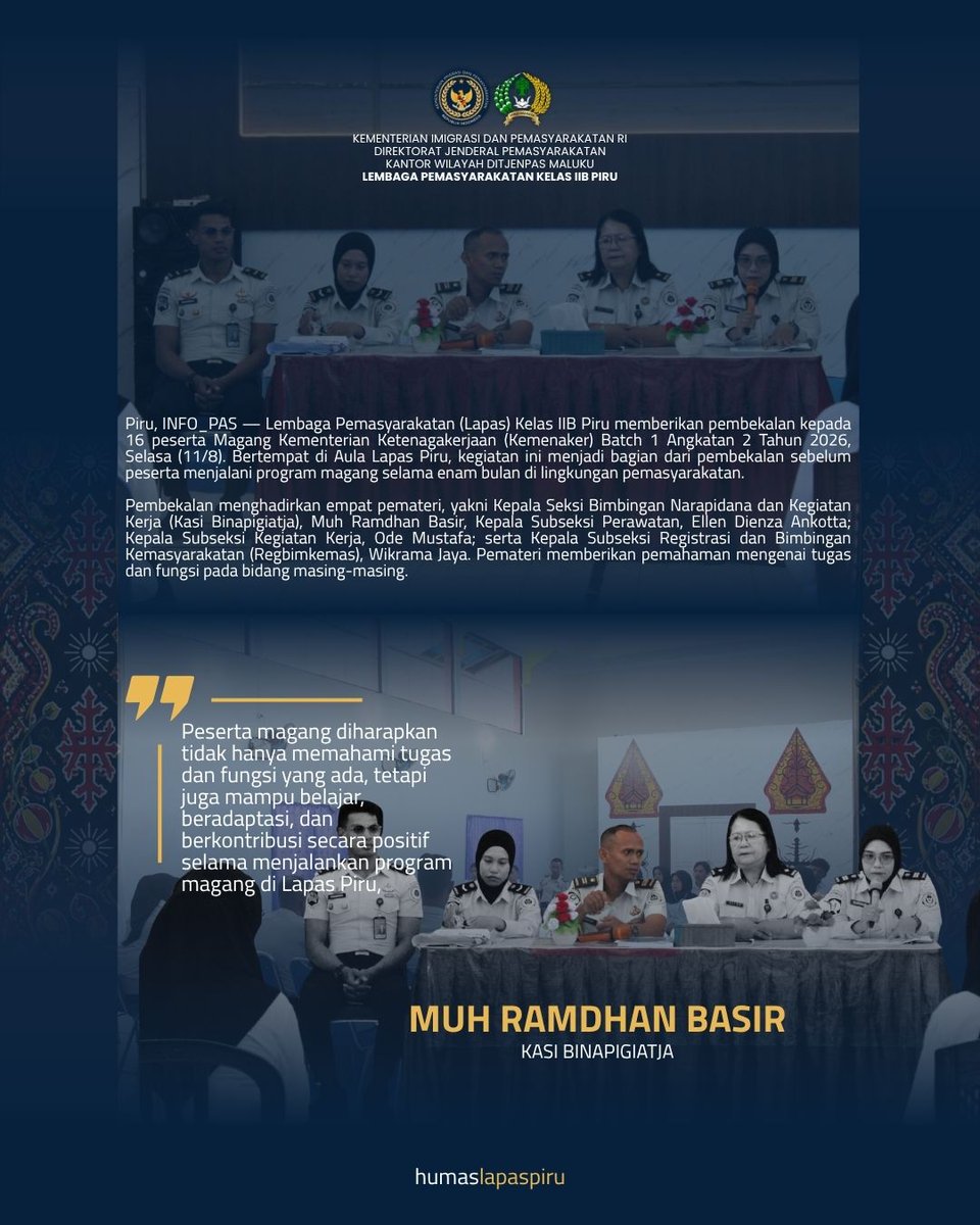 Humaslapaspiru's tweet photo. Lapas Piru Bekali Peserta Magang tentang Tugas dan Fungsi Binapigiatja

Baca selengkapnya di :
https://t.co/I9NFkPJuYt

#lapaspiru #kemenimipas #ditjenpas #kanwilditjenpasmaluku https://t.co/fVbFPOfM9E
