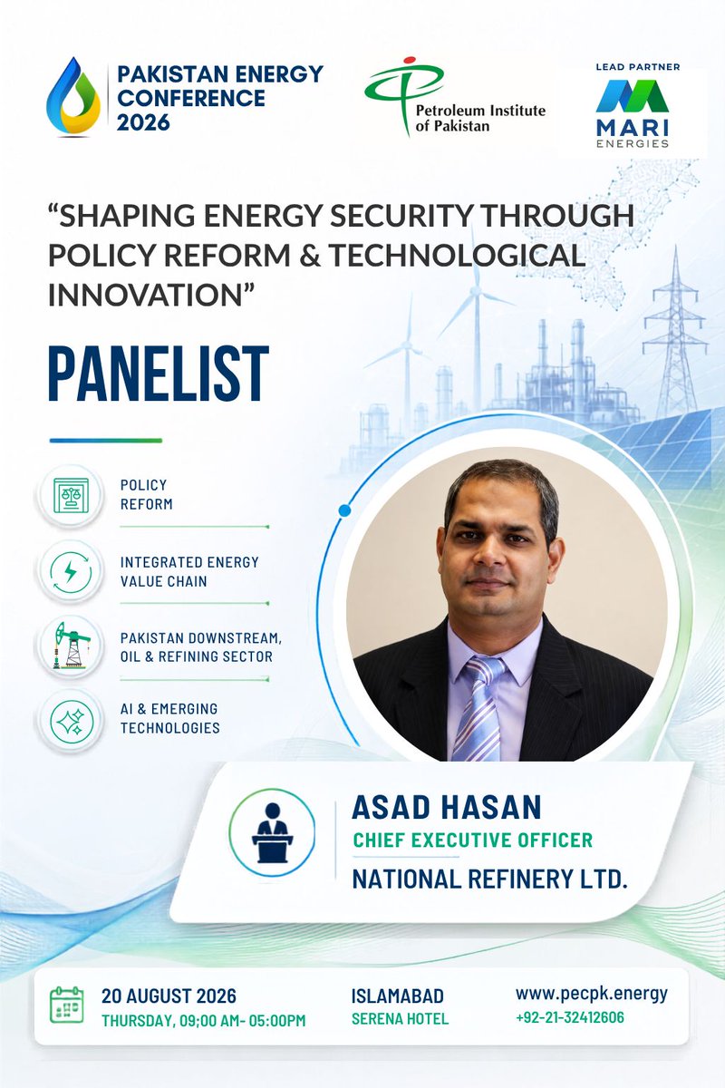 PetroleumInsti2's tweet photo. CONFIRMED PANELIST | Pakistan Energy Conference 2026

We're delighted to announce another distinguished Confirmed Panelist for the Pakistan Energy Conference 2026.

📅 20 August 2026 I 09:00AM - 05:00PM
📍Serena Hotel, Islamabad

@Official_PetDiv @GovtofPakistan @MoWP15 https://t.co/2Y1peKRoqB