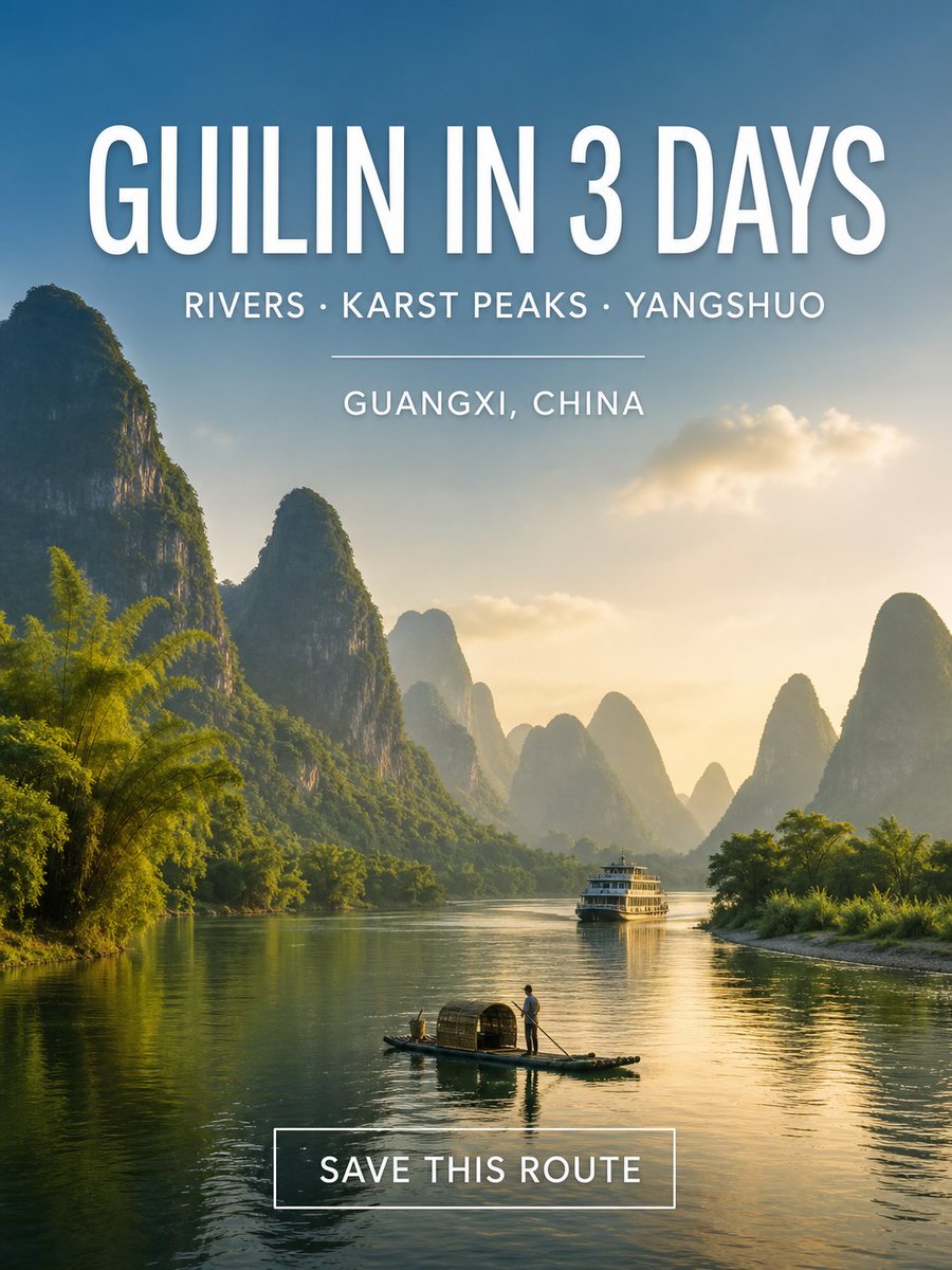 chinacurate's tweet photo. 3 Days in Guilin: Rivers, Karst Peaks &amp; Yangshuo
Three days in one of China’s most cinematic landscapes:  
Day 1 · Guilin city
Day 2 · Li River → Yangshuo
Day 3 · Yulong River  
Would you choose a bamboo raft or a countryside bike ride?  
#ChinaTravel #Guilin https://t.co/1vR6WqwvU7