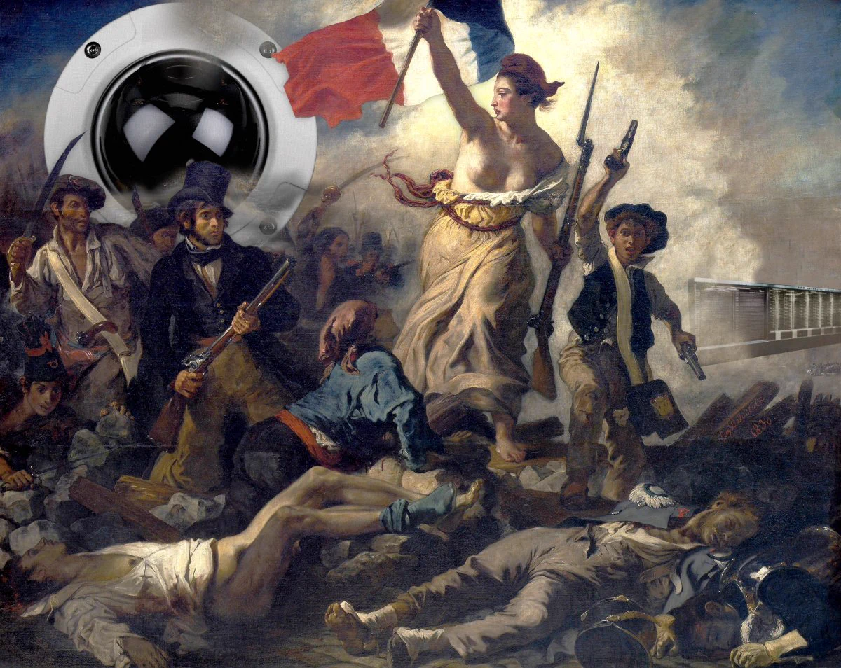 "Eugène Delacroix's painting 'La Liberté guidant le peuple' ('Liberty Leading the People'), depicting the French revolution as a ragtag group of peasants led by a flag-waving, bare-breasted incarnation of 'Liberty.' The painting has been altered: the scene is now being observed with a giant, smoke-shrouded CCTV dome, and the distant building have been replaced with a mainframe computer.