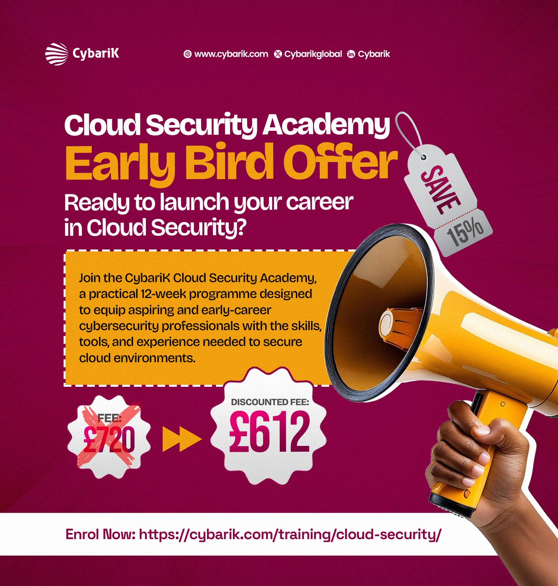 CybarikGlobal's tweet photo. Registration for CybariK Cloud Security Academy is still ongoing and you have a chance to save 15% on the fee!

Learn hands-on cloud security skills, train with industry experts, and take a confident step toward a rewarding cybersecurity career.

1/2 https://t.co/1QOn7pxsIC