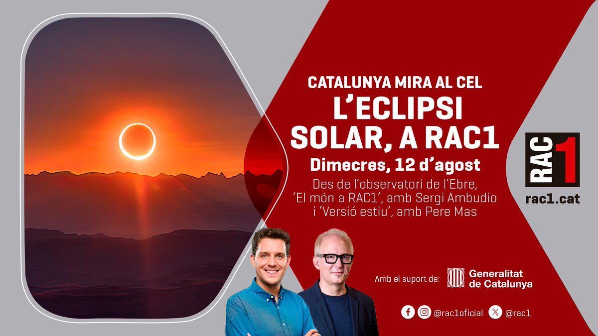 elmonarac1's tweet photo. 🌑👓 Et sobren ulleres per veure l’eclipsi?

A El Món a RAC1 volem posar en contacte qui en té de sobres amb qui en necessita.

💫 Comenta aquest post o escriu-nos a elmon@rac1.net.

Perquè l’eclipsi el puguem veure tots a1️⃣🌑 https://t.co/mJAmqJI5ci