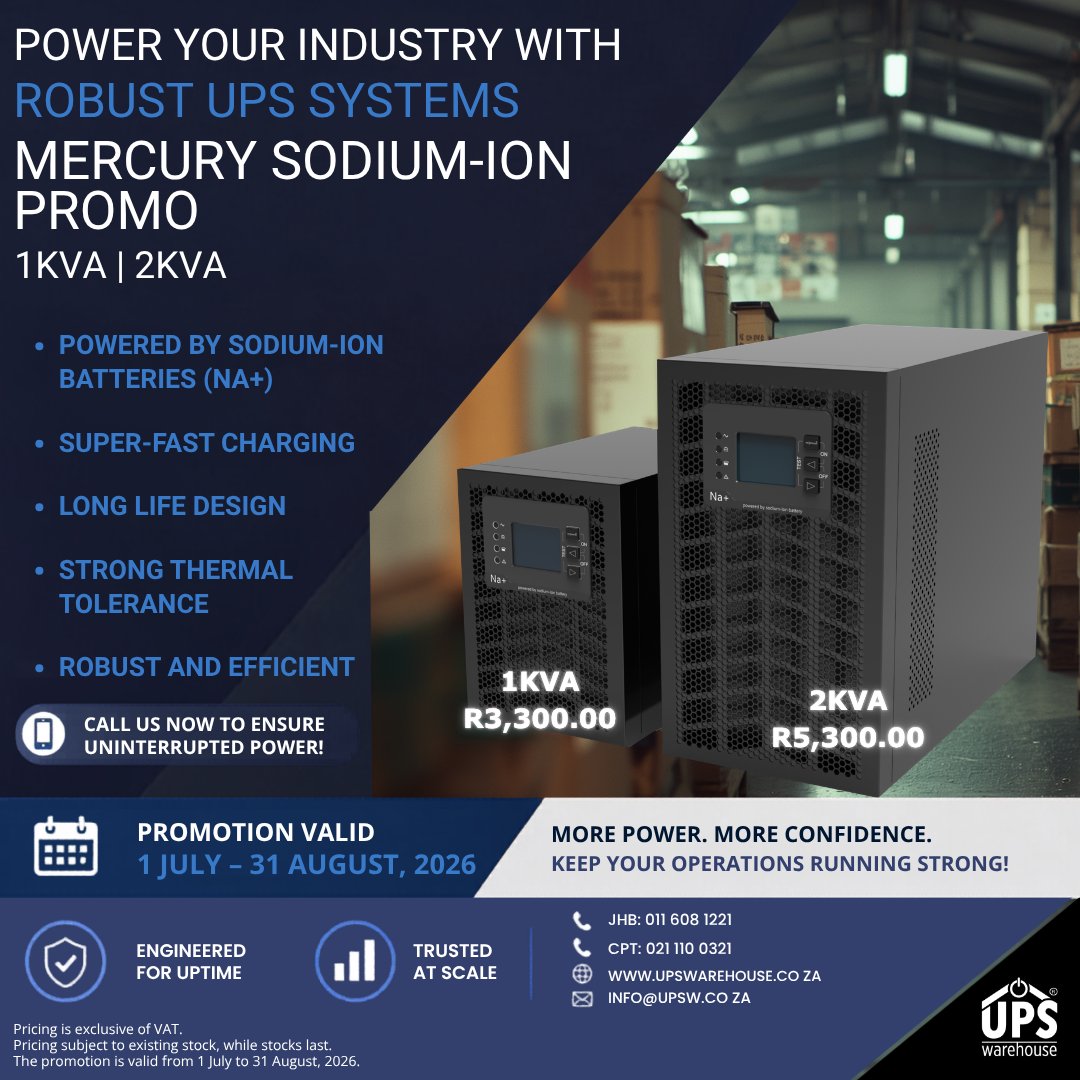 ups_warehouse's tweet photo. UPSW: June Promo. Get the Mercury Sodium-Ion 1KVA at R3300.00 or the 2KVA at R5300 (Excl. VAT)

https://t.co/sglMYdPAnA

#upssystems #sodiumionbattery #upssuppliers #upspowersupply #UPSsolutions https://t.co/IpQYuBzmBi