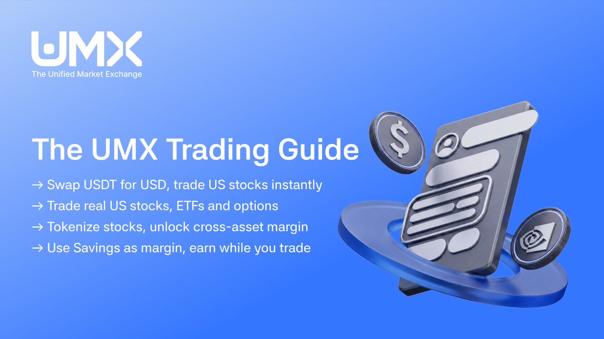 UMX_Global's tweet photo. What does a crypto-friendly securities platform actually look like?

It’s not just crypto + stocks side by side. It’s about bringing securities trading, crypto trading, and cross-market capital management within a unified account structure.

Here’s how UMX connects crypto with US markets 👇

1️⃣ Crypto → US stock buying power
Convert USDT to USD and transfer it directly to your securities account, or borrow against assets like BTC and ETH. Get US stock buying power in one flow — without shuffling funds across platforms.

2️⃣ Real US stocks, ETFs & professional options trading
Trade real US stocks (including fractional shares), ETFs, and US stock options, not CFDs or tokenized products that simply track prices. Use advanced order types and multi-leg options strategies, with both app and API execution.

3️⃣ US stock positions → crypto trading margin
Tokenize eligible securities positions into corresponding stock tokens and have them count toward crypto trading margin, subject to applicable rules. Convert them back into the corresponding securities when needed.

4️⃣ Savings assets → trading margin
Eligible Flexible and Fixed Savings assets can also count toward margin — without early redemption or interrupting yield accrual. Earning and trading don’t have to be an either/or.

👉 Read the full guide: https://t.co/CbbowyLOMc