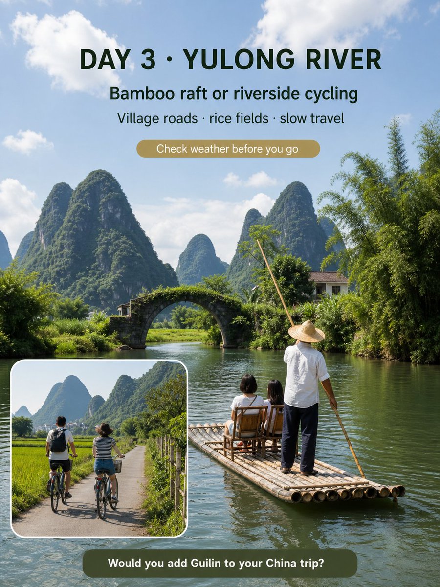 chinacurate's tweet photo. 3 Days in Guilin: Rivers, Karst Peaks &amp; Yangshuo
Three days in one of China’s most cinematic landscapes:  
Day 1 · Guilin city
Day 2 · Li River → Yangshuo
Day 3 · Yulong River  
Would you choose a bamboo raft or a countryside bike ride?  
#ChinaTravel #Guilin https://t.co/1vR6WqwvU7