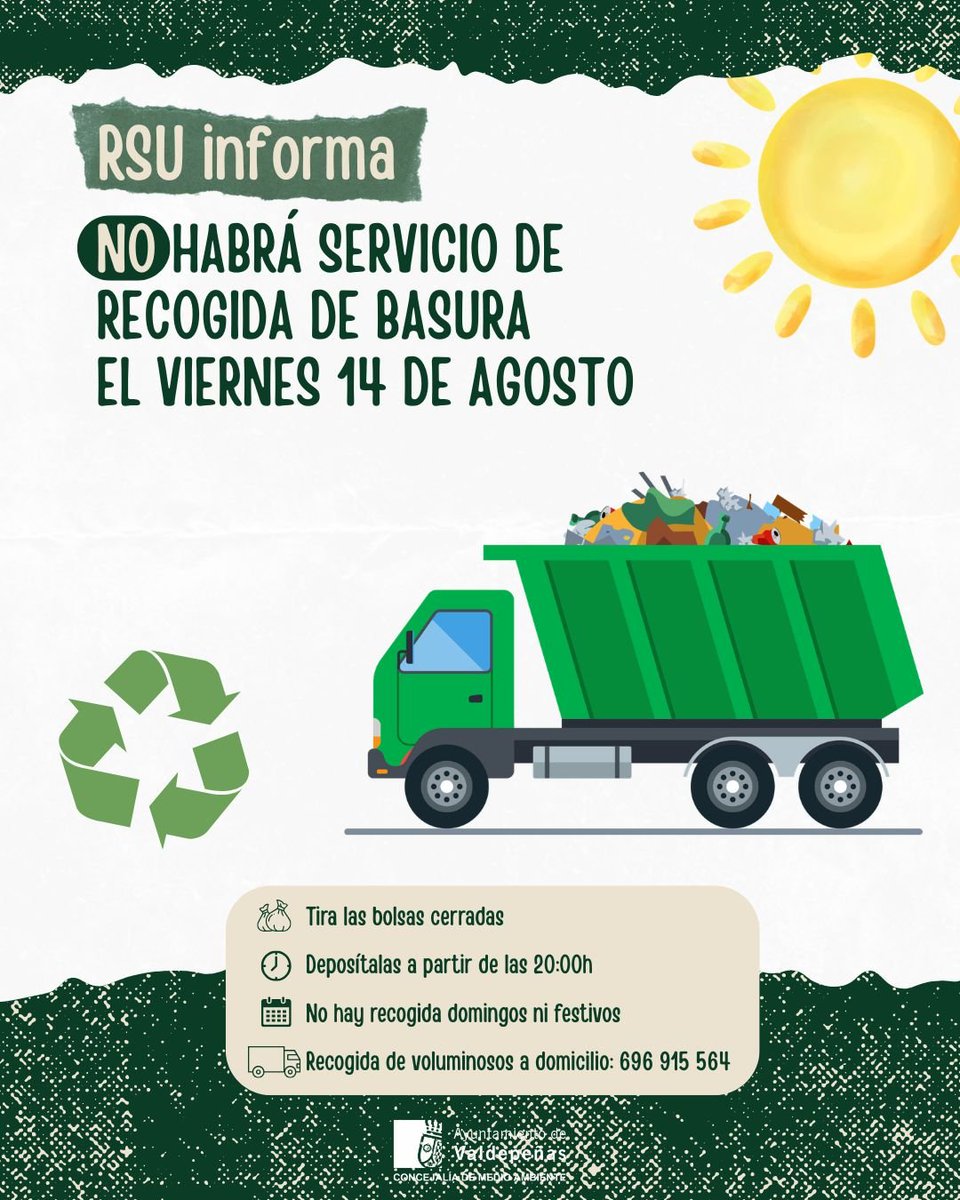 m_ambvaldepenas's tweet photo. *🗑️ RSU INFORMA*

Con motivo de la festividad de la *Virgen de Agosto*, el *viernes 14 de agosto no habrá servicio de recogida de basura*. https://t.co/PapxRdiSuX