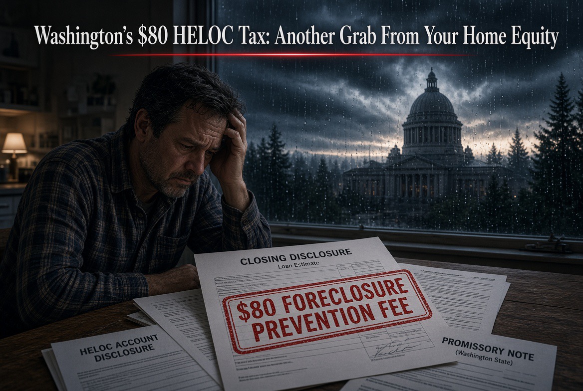 WheelerRipWA's tweet photo. Washington’s $80 HELOC Tax: Another Grab From Your Home Equity

Washington state has found yet another way to extract money from homeowners who simply want to access the equity in their own property. Close a HELOC or other residential mortgage loan secured by Washington real estate and the closing agent is required to collect an $80 “Foreclosure Prevention Fee.” It is not optional. It is not a recording cost. It is a mandatory state levy that applies whether your loan originates inside Washington or out of state, so long as the property sits here.

The fee became law through the 2025 legislative session and took effect for closings on or after July 27, 2025. Subsequent tweaks in 2026 (SSB 5938) adjusted a few exemptions and notice rules, but the core demand remains: $80 per qualifying residential mortgage loan, including open-end home equity lines of credit. Reverse mortgages for borrowers 60 and older and certain chattel loans get a pass. Almost everyone else pays.

Where the Money Goes

The $80 is remitted by the escrow or settlement agent straight into the state’s Foreclosure Fairness Account. From there the Department of Commerce distributes it by formula:

• 50% for housing counseling
• 16.5% to the Office of Civil Legal Aid for foreclosure-related legal representation
• 15% for the foreclosure prevention hotline
• 10% to Commerce for program administration
• 8% to the Attorney General’s consumer protection division
• 0.5% for outreach

State fiscal notes projected roughly 89,000 qualifying originations a year, generating more than $7 million annually. That is real money pulled from ordinary borrowers—people refinancing, consolidating debt, funding repairs, or tapping equity—and redirected into a government program that most of those borrowers will never use.

Why Are We Forced to Pay It?

Because Olympia decided that every homeowner who takes out a mortgage or HELOC should subsidize a statewide foreclosure-prevention apparatus. Lenders used to fund parts of the older program through fees tied to notices of default. Lawmakers expanded the revenue base by taxing new originations instead. The fee can be financed into the loan so it does not have to come out of pocket at the table, but that simply means you pay interest on the state’s cut for years.

This is not a user fee for a service you requested. It is a compulsory transfer. You did not ask for housing counselors, a hotline, or additional civil legal aid funding when you applied for a HELOC. The state simply attached the cost to your transaction.

Just Another Fee in the Stack

Washington already layers recording surcharges, housing affordability assessments, covenant homeownership program fees, and other add-ons onto real estate documents. First-page recording costs routinely exceed $300 once all the state and local surcharges are stacked. Vehicle registration, business licenses, special assessments, carbon-related charges, and countless local levies follow the same pattern: invent a purpose, attach a fee to a common activity, and call it “prevention,” “fairness,” or “affordability.”

The $80 foreclosure fee is simply the latest entry. It is small enough that many borrowers barely notice it on a closing disclosure, yet large enough that tens of thousands of transactions quietly generate millions for the bureaucracy every year. Death by a thousand cuts remains death.

When Will It End?

It will not end on its own. Once a revenue stream is established and the agencies that receive the money grow accustomed to it, the political incentive is to protect and expand the program, not sunset it. 

Homeowners who are current on their loans and simply want to use their equity become the funding base for services aimed at those in distress. The Legislature has already shown it is willing to refine the exemptions and notice language while leaving the $80 intact.

Every new fee is sold as modest and targeted. 

Collectively they raise the cost of living, the cost of credit, and the cost of owning property in Washington. Residents keep paying while the list of mandatory extractions grows longer. The question is no longer whether the next fee will appear. The question is how many more the public will tolerate before demanding that the extraction stop.