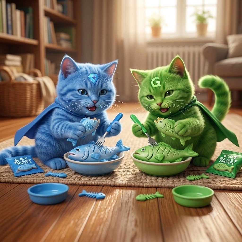 CATBLASTOG's tweet photo. @telegram The lawn is about to get a lot greener. 💚🐱

Grami brought the blue. Topi brought the green.
CATBLAST is ready to clean up. 👀 https://t.co/0KywskXU8e