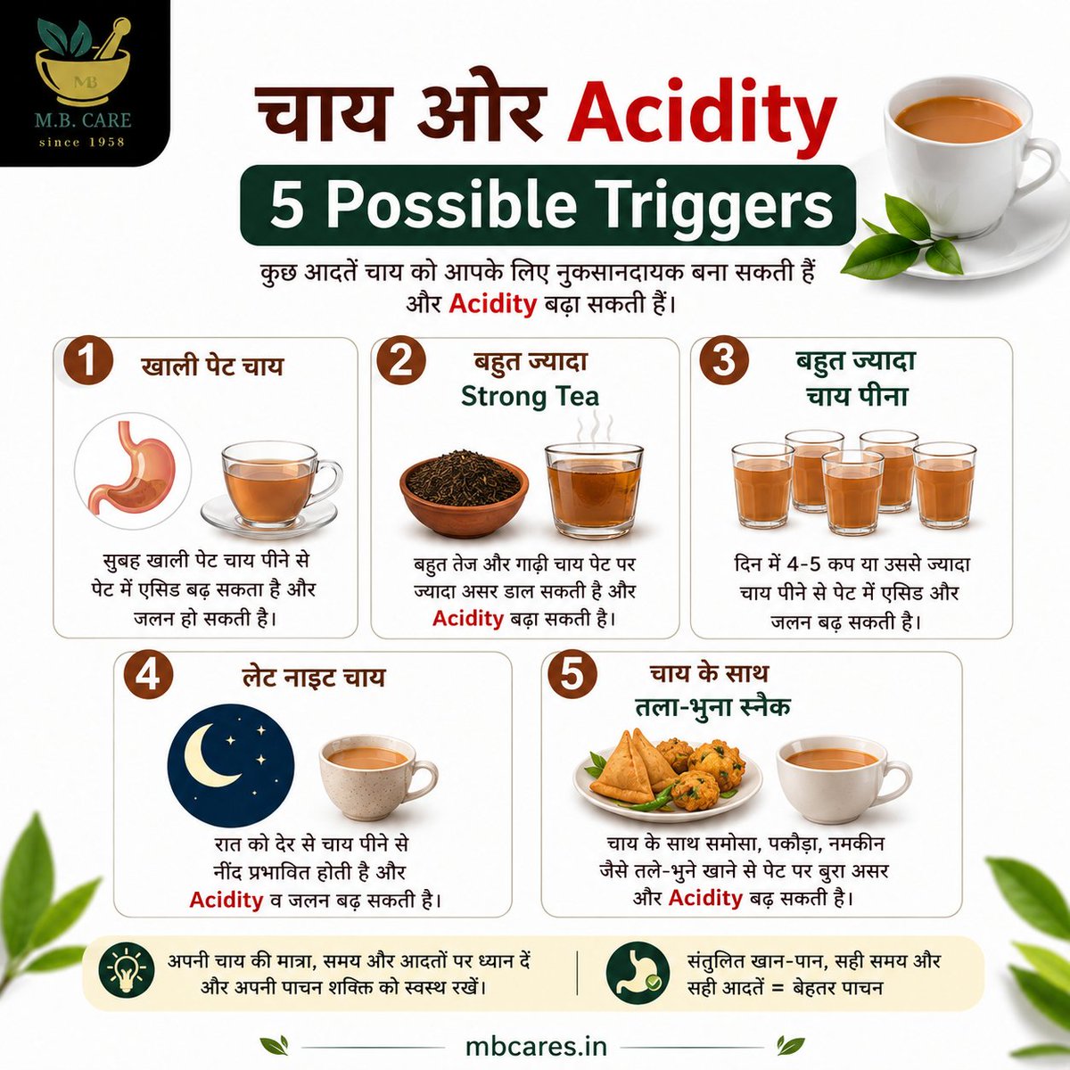 mbcares_1958's tweet photo. Kya chai peene ke baad acidity, jalan ya khatti dakar badh jaati hai? Har kisi ke liye chai problem nahi, lekin kuch logon mein ye symptoms trigger kar sakti hai. Apni chai ki timing aur quantity check karein. #Acidity #Chai #GutHealth #Digestion #MBcare https://t.co/q1nx8N7wtB