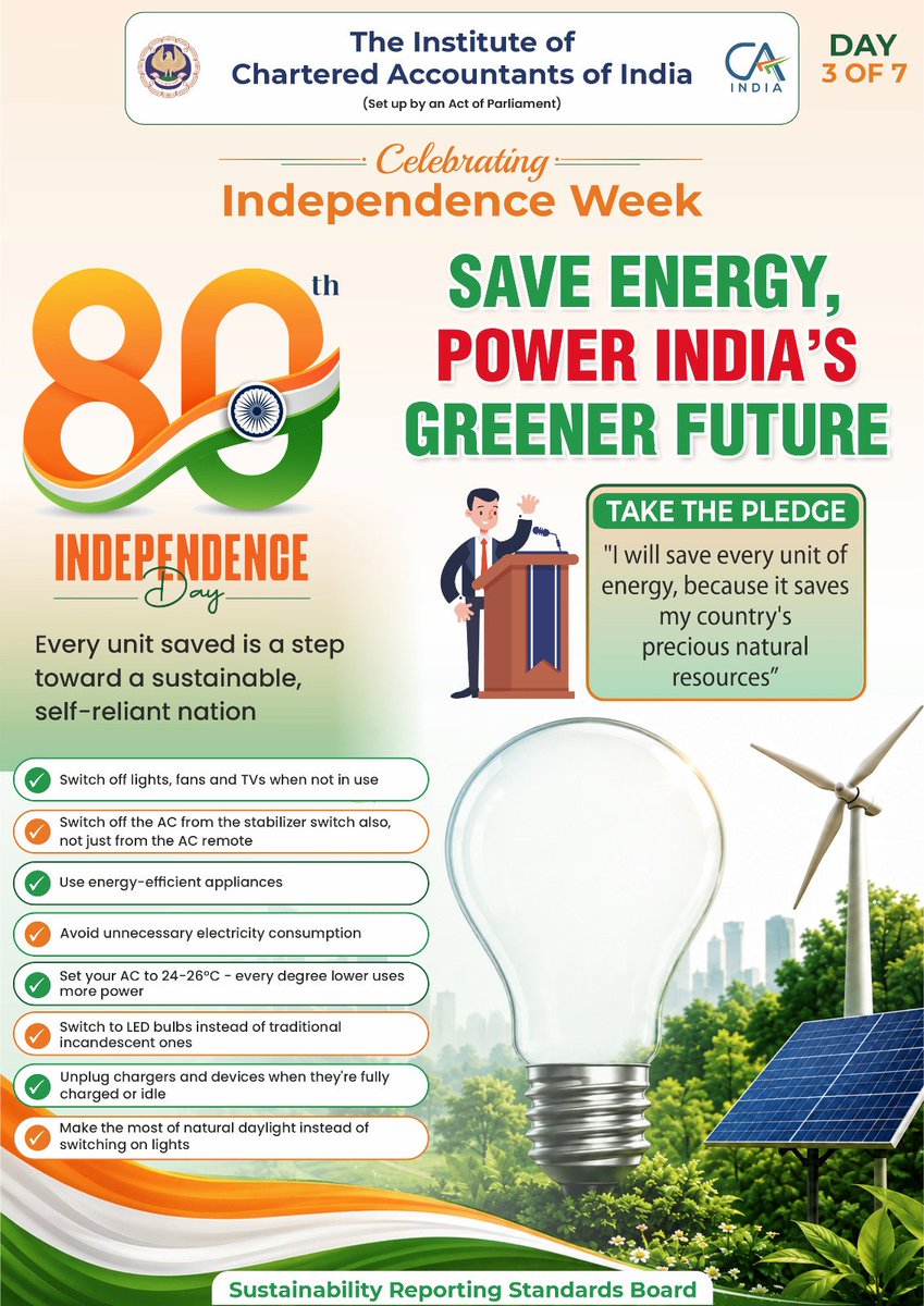 theicai's tweet photo. 🌿 ICAI Independence Week | Day 3 🇮🇳
⚡ Save Energy, Power India’s Greener Future!
Let’s conserve energy, adopt efficient practices & reduce our carbon footprint. Every mindful choice can help build a sustainable India.
🇮🇳 We are Proud to be Indian!
#ICAI #IndependenceWeek https://t.co/V31dcTfaUN