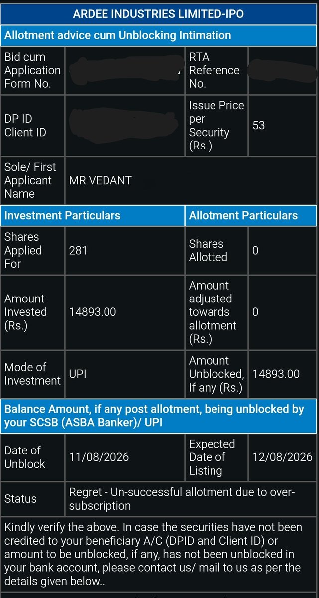 vedant_629's tweet photo. Not got #Ardee Allotment
#Ardee #ipo
This time 0/6
Streak Continue https://t.co/AE9ZSlnQgf
