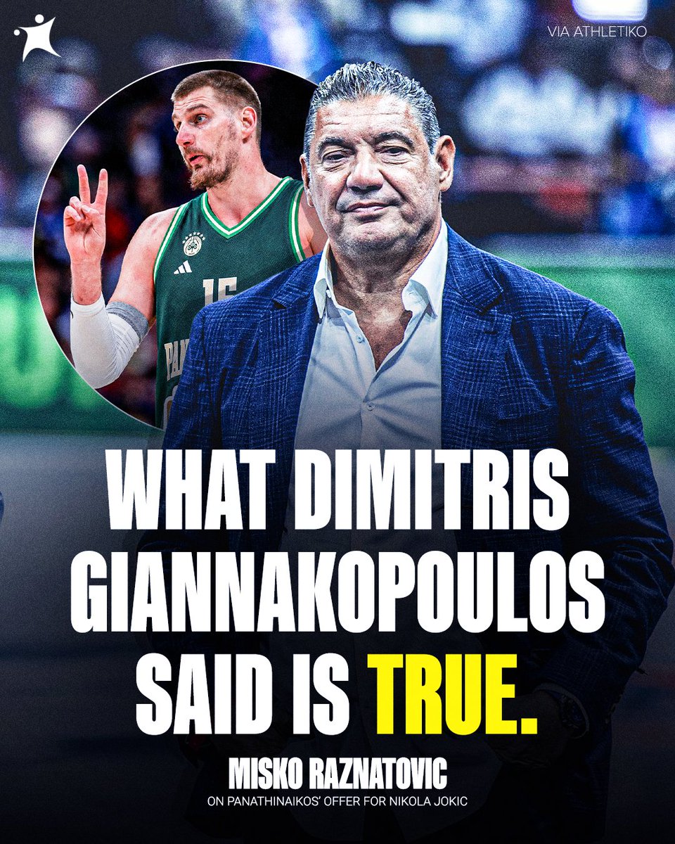 BasketNews_com's tweet photo. Nikola Jokic's agent, Misko Raznatovic, has verified that Panathinaikos owner Dimitris Giannakopoulos attempted to bring the Serbian star to Athens 👀

More about it: https://t.co/9vVec64h2d https://t.co/Nf38Bkn7K7