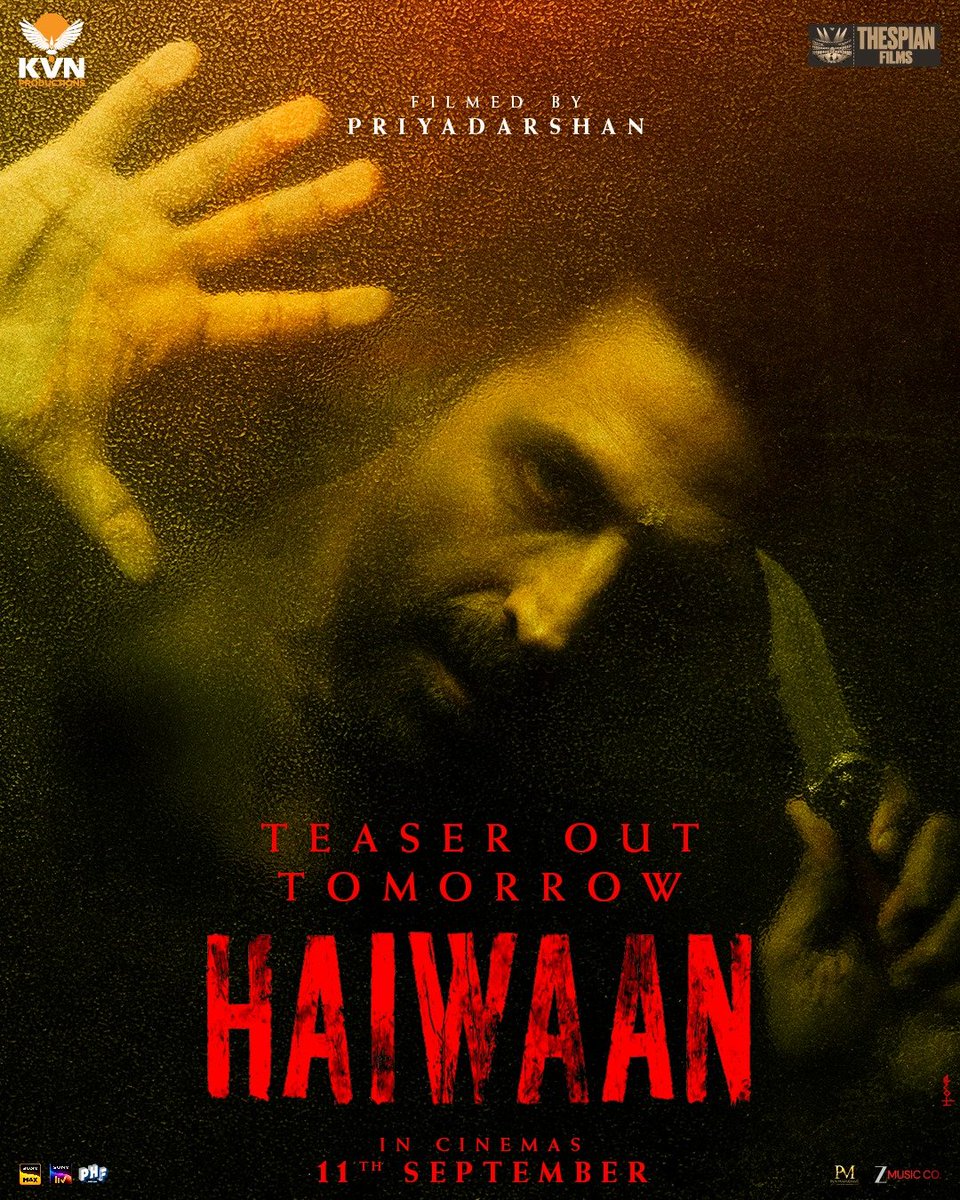 SAMTHEBESTEST_'s tweet photo. HAIWAAN ARRIVES TOMORROW 😈

The first teaser for #AkshayKumar's #Haiwaan, also starring #SaifAliKhan is set to be launched tomorrow and will be attached to the prints of #Awarapan2 and #Batwara1947 in theatres ✅ 

The edge of the seat thriller is produced under KVN Productions and Thespian Films by Venkat K Narayana and Shailaja Desai Fenn.

In cinemas 11th September 2026. 

@akshaykumar #SaifAliKhan @priyadarshandir @kvnproductions @thespianfilms_ @shailajad #Haiwaan #HaiwaanOnSeptember11