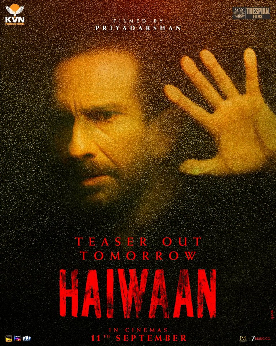 SAMTHEBESTEST_'s tweet photo. HAIWAAN ARRIVES TOMORROW 😈

The first teaser for #AkshayKumar's #Haiwaan, also starring #SaifAliKhan is set to be launched tomorrow and will be attached to the prints of #Awarapan2 and #Batwara1947 in theatres ✅ 

The edge of the seat thriller is produced under KVN Productions and Thespian Films by Venkat K Narayana and Shailaja Desai Fenn.

In cinemas 11th September 2026. 

@akshaykumar #SaifAliKhan @priyadarshandir @kvnproductions @thespianfilms_ @shailajad #Haiwaan #HaiwaanOnSeptember11