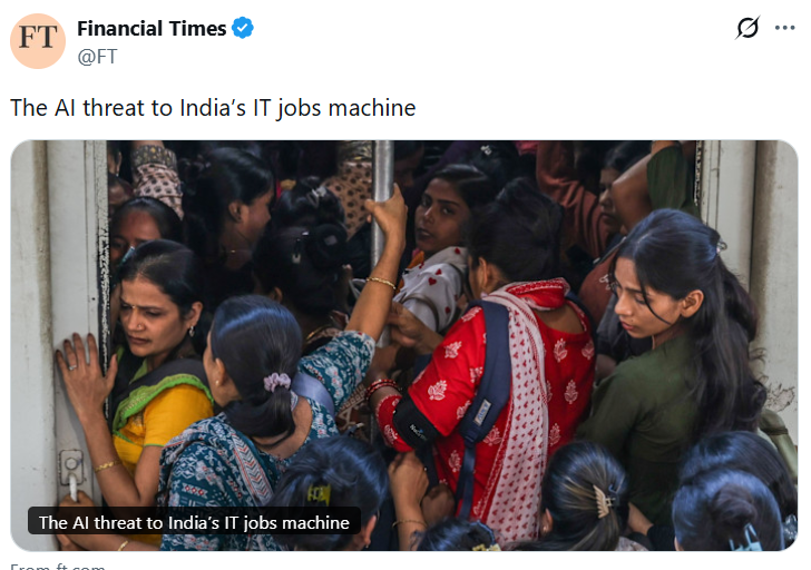 Aunindyo2023's tweet photo. One can always trust FT to provide accurate representative images. In this case, they couldn't have done a better job of depicting IT employees in India. https://t.co/sBkORGGnd1