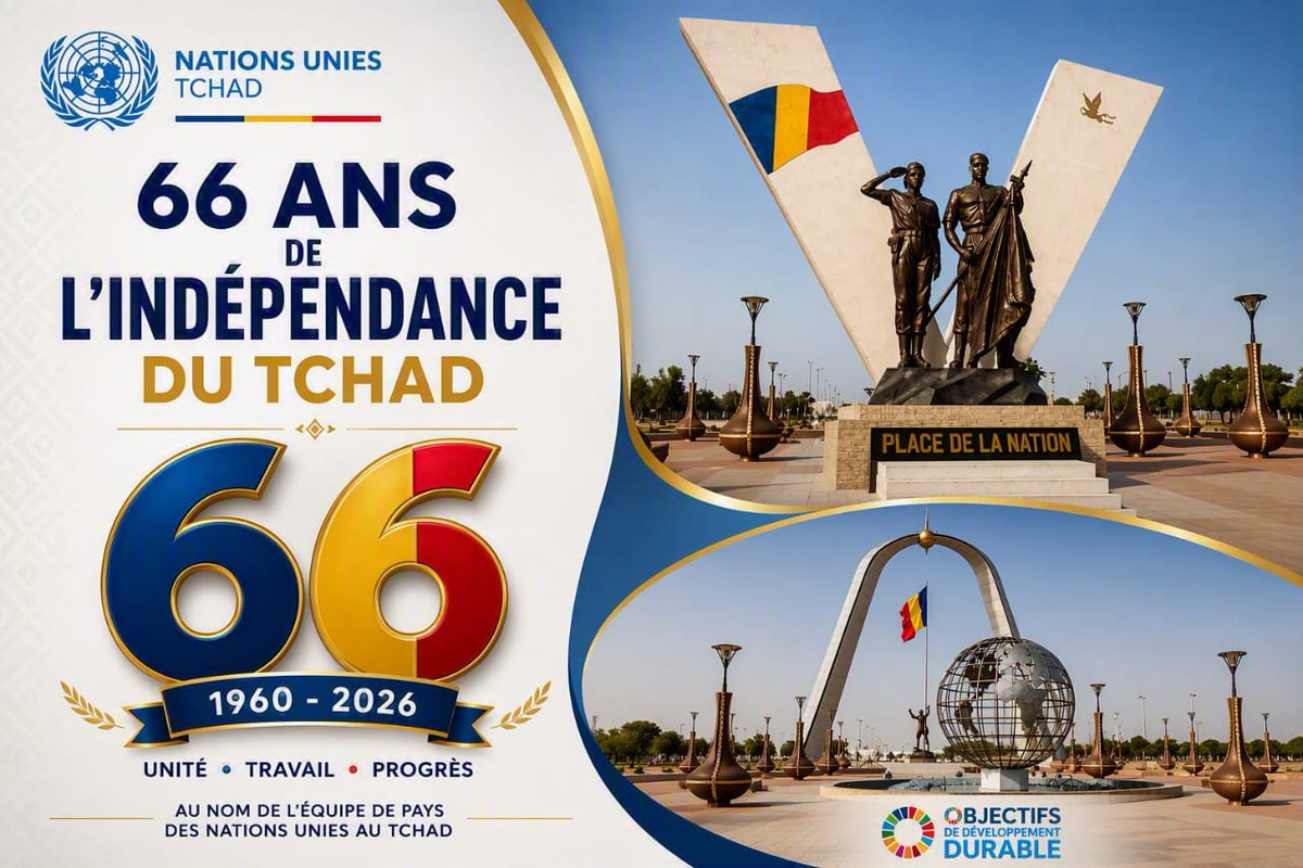 OnuTchad's tweet photo. En ce 66ᵉ anniversaire de l’indépendance, @OnuTchad rend hommage à la force, à la diversité culturelle et à la résilience du peuple tchadien.
Nous réaffirmons notre engagement à accompagner le Tchad dans ses efforts pour bâtir un avenir de paix, d’équité &amp; de prospérité. https://t.co/NTPoaEKica