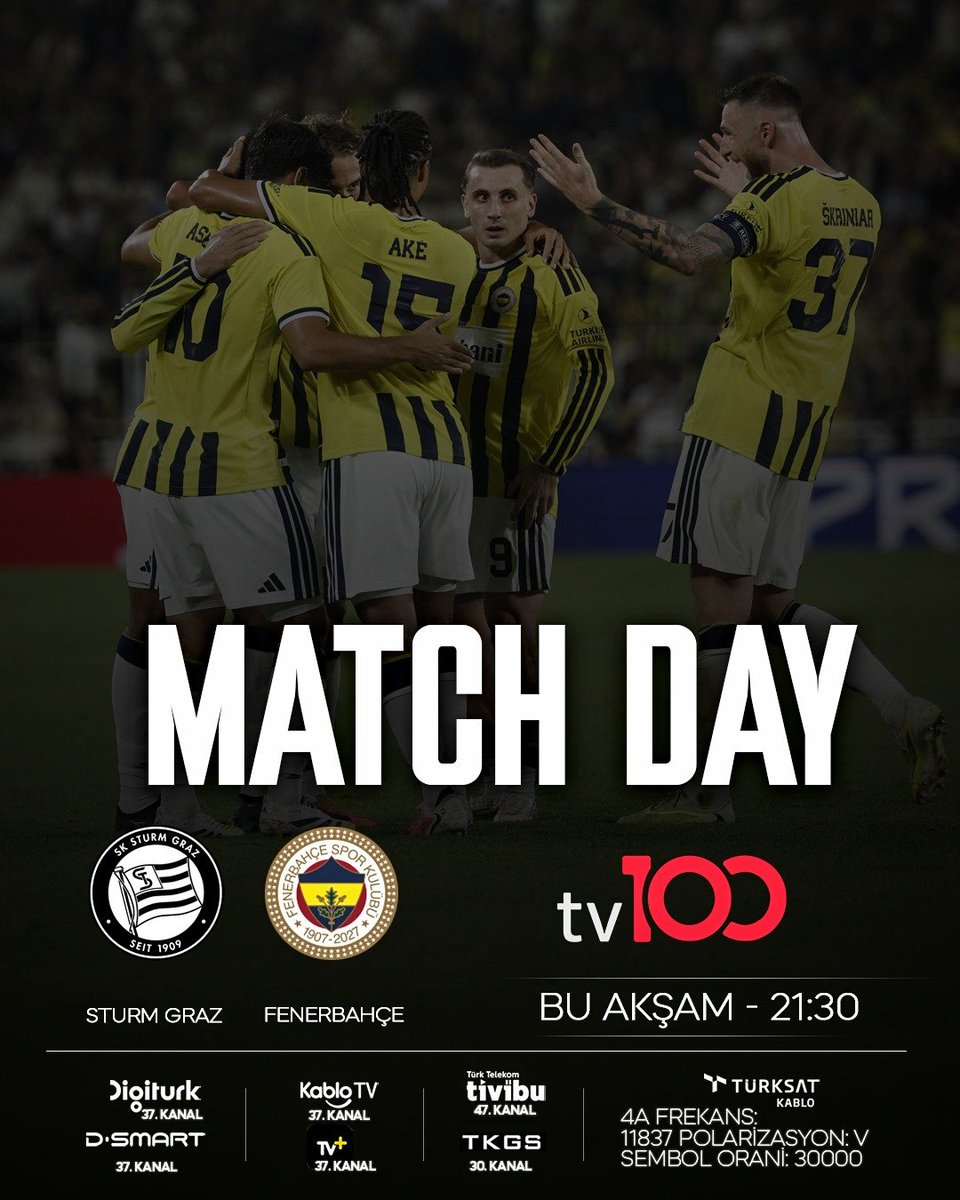 tv100's tweet photo. ⚽ STURM GRAZ-FENERBAHÇE MAÇI ŞİFRESİZ CANLI YAYINLA TV100’DE!

📍 Talisca yine sahne aldı, Greenwood Kadıköy’de ilk golünü attı.

📍 Yıldızlarıyla coşup tur için avantajı kapan Fenerbahçe, rövanş maçında sahaya çıkıyor. Futbol şöleni tv100’de yaşanıyor.

📍 Kendi evinde Sturm Graz’ı 2-0 geçen Sarı-Lacivertlilerde hedef, deplasmanda turu alıp adını play-off’a yazdırmak.

⏰ Sturm Graz-Fenerbahçe maçı bu akşam 21.30’da canlı yayınla tv100’de!