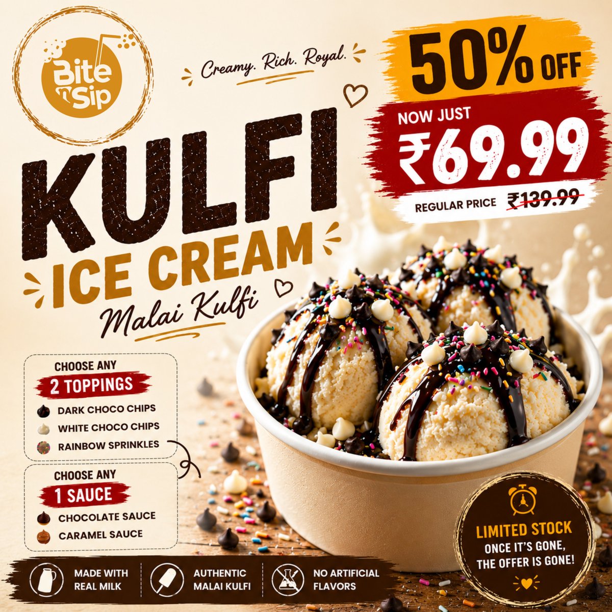 bitensipglobal's tweet photo. 🍨 Malai Kulfi at just ₹69.99!
50% OFF on our creamy, rich Kulfi Ice Cream. 🤎
Choose your toppings. Choose your sauce. Make it yours! Dine-in only • Limited stock
#BiteNSip #KulfiIceCream #MalaiKulfi #AnantapurFood #AnantapurEats #DessertLovers https://t.co/fu65jPrB7U