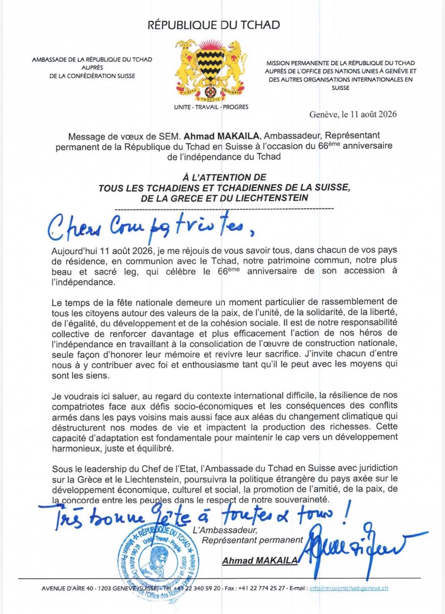 ahmad_makaila's tweet photo. 66ème anniversaire de l’indépendance du Tchad 
Ci-dessous mon message 👇 https://t.co/83mHhC0MrD
